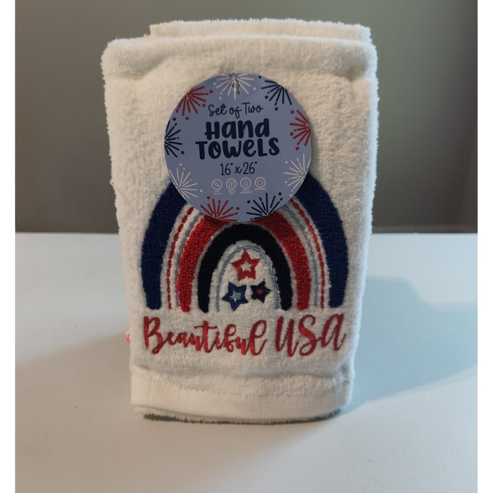 Hand Towels 'Beautiful USA' Embroidered Set Of 2 100% Pure Cotton 16"x26"